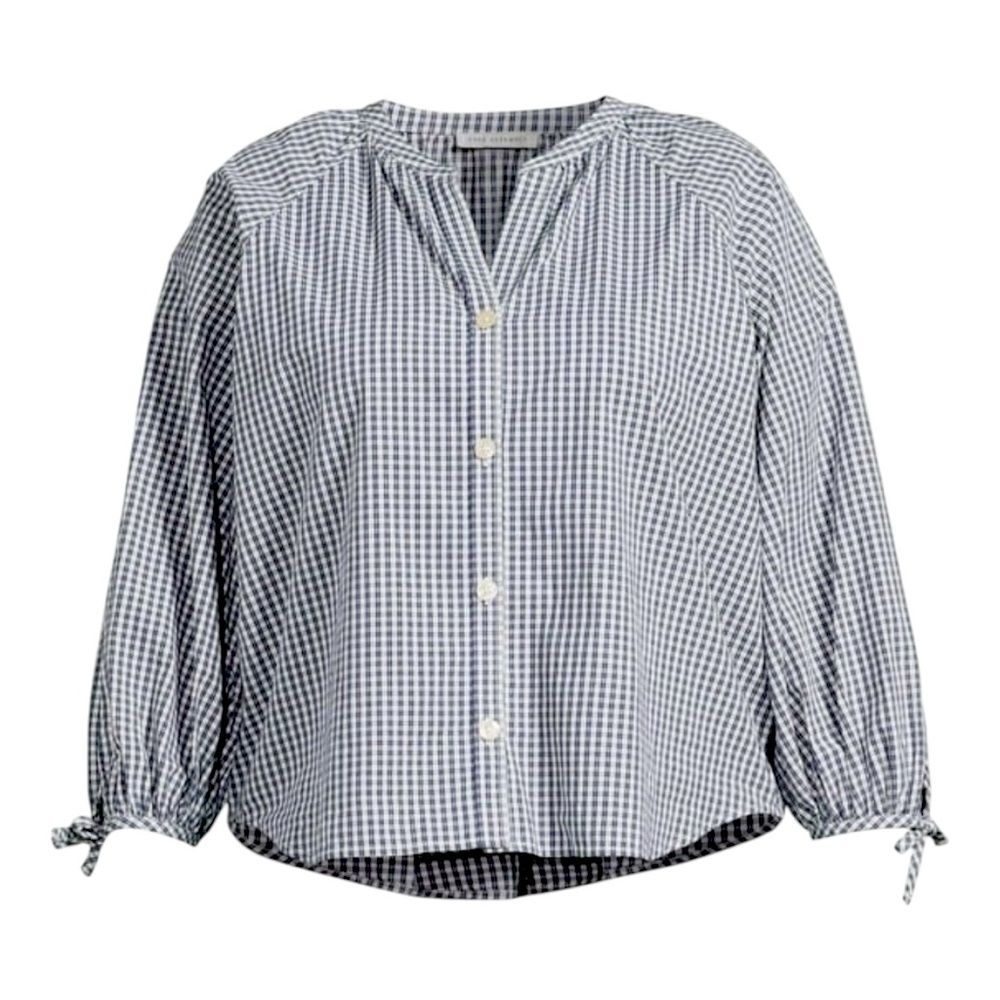 Free Assembly Navy Blue Plaid Top XXL 3/4 Sleeve Flowy Button Down lightweight